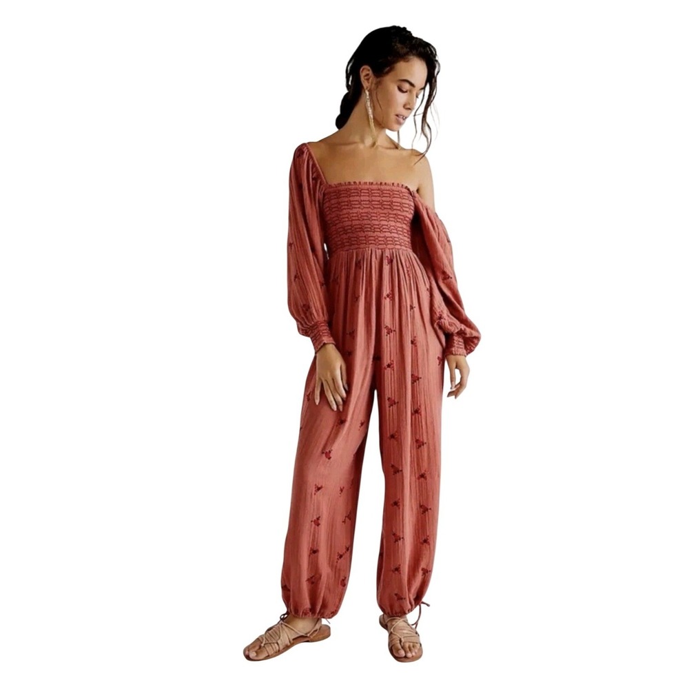 Free People Rust Red One-Shoulder Smocked Jumpsuit